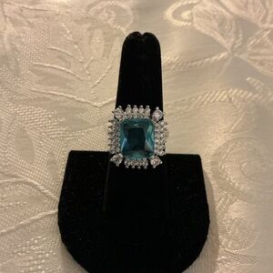 Light Blue Spinel Lab Created Emerald Cut Silver Tone Ring